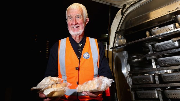 St Vincent de Paul soup van volunteer of 40 years Frank Mullins hands out food and friendship outside All Saints Church hall, Fitzroy.  