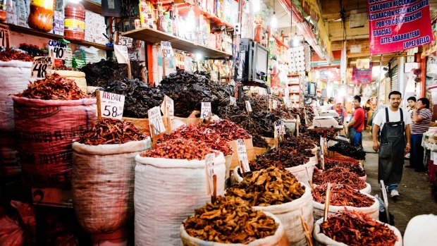 A stall specialising in dried chillies at the Mercado de la Merced in Mexico City.