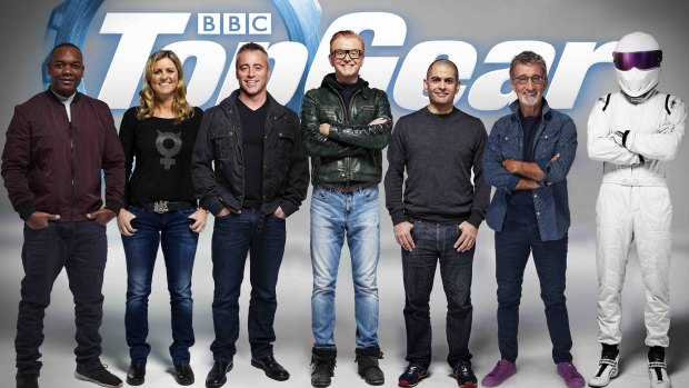 's line-up of presenters for 2016. From left: Rory Reid, Sabine Schmitz, Matt LeBlanc, Chris Evans, Chris Harris, Eddie Jordan, The Stig.