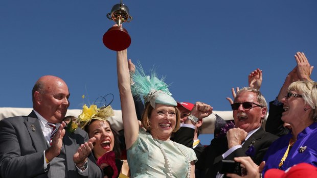 Trainer Gai Waterhouse celebrates her 2013 Melbourne Cup win.