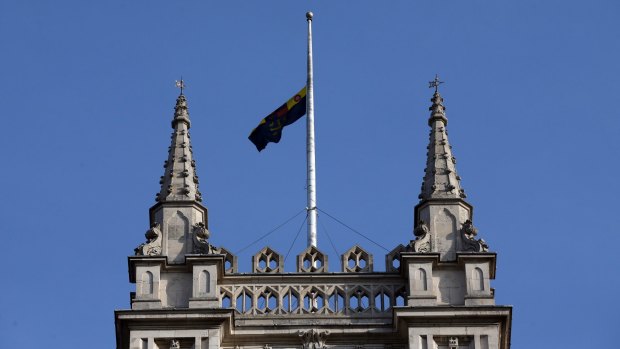 The Union flag flies at half mast over Westminster Abbey following the death of King Abdullah in January 2015.
