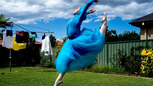 Ballerina Stephanie Kurlow, 14, practising in her backyard.