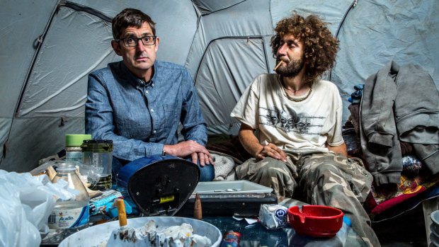 Louis Theroux (left) meets Nate Walsh, a heroin user who lives in a tent on an Ohio riverbank, in Louis Theroux: Heroin Town.