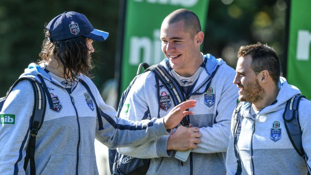 Blues brothers: Aaron Woods (left) and Josh Reynolds (right) have a laugh with David Klemmer at Origin camp.