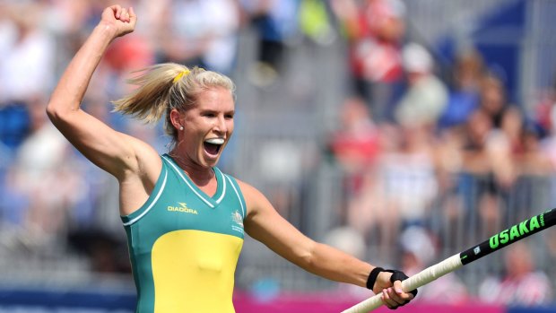 Jodie Kenny celebrates her goal during the Hockeyroos 3-1 win against Germany.