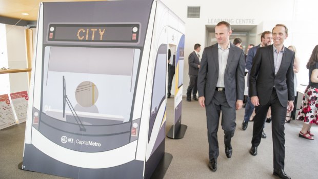 ACT Chief Minister Andrew Barr and Capital Metro Minister Simon Corbell: Light rail is being chosen as the preferred new infrastructure investment in US cities.