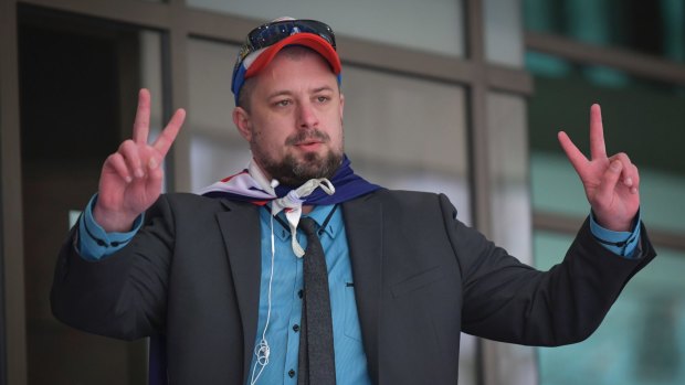 United Patriots Front member Neil Erikson outside Melbourne Magistrates Court on Tuesday, hours before the council chamber protest.