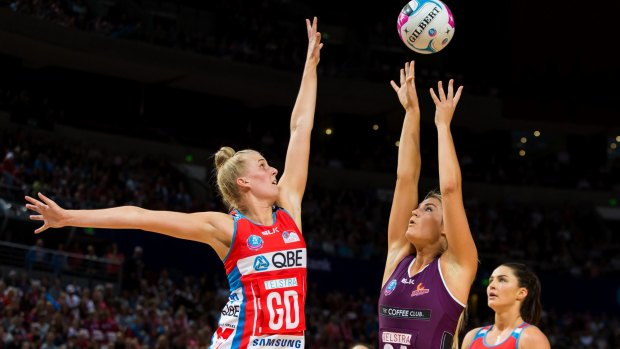 The Swifts on their way to victory against the Firebirds in Sydney on Sunday night.