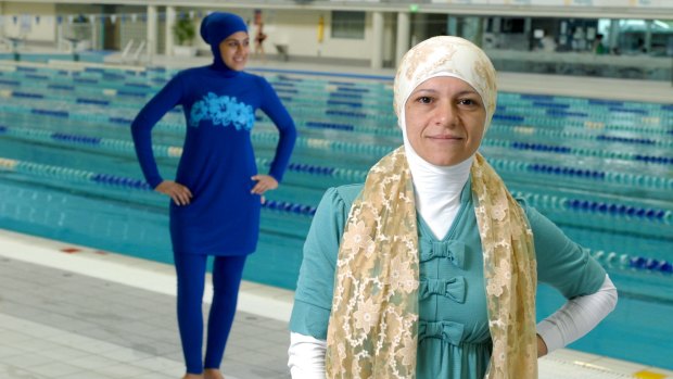 Aheda Zanetti and her burkini, modelled by Farrah Zbib.