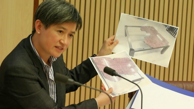 Senator Penny Wong holds up the photo of the damaged marble table during estimates at Parliament House in October last year. 