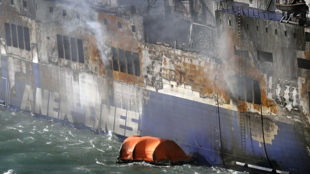Smoke billows from the Norman Atlantic ferry that caught fire in the Adriatic Sea.