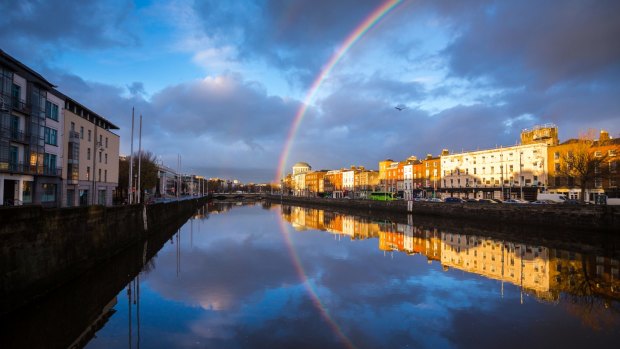 A rainbow over the River Liffey in Dublin. 