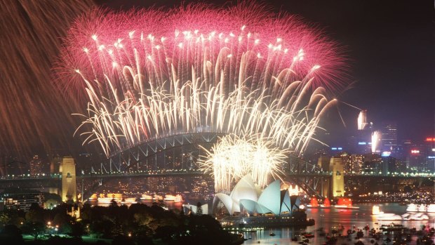 Milliennium midnight fireworks, Sydney Harbour bridge, 2000.