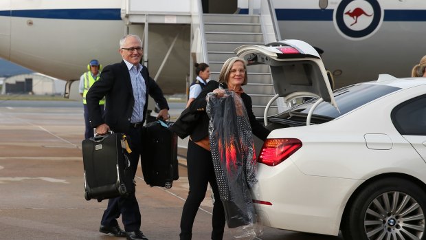 Mr Turnbull with Lucy Turnbull depart RAAF Fairbairn in Canberra for his first stop in Jakarta, Indonesia.