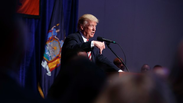 Republican presidential candidate Donald Trump speaks to the Conservative Party of New York Presidential Convention on Wednesday.