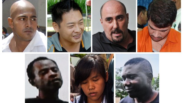 The seven foreign nationals condemened to death by firing squad: Top row from left, Australians Myuran Sukumaran and Andrew Chan, Frenchman Serge Atlaoui and Brazilian Rodrigo Gularte. Bottom row from left. Nigerian Raheem Agbaje Salami, Filipina Mary Jane Fiesta Veloso, and Nigerian Silvester Obiekwe Nwolise. 