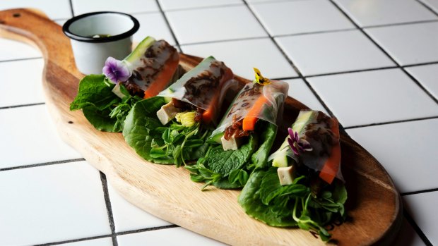 "Complicated noodles" – a glam take on vegetable and tofu rice paper rolls.