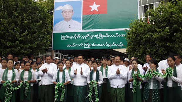 Senior leaders and members of the military-backed Union Solidarity and Development Party at the party's headquarters on Tuesday. 