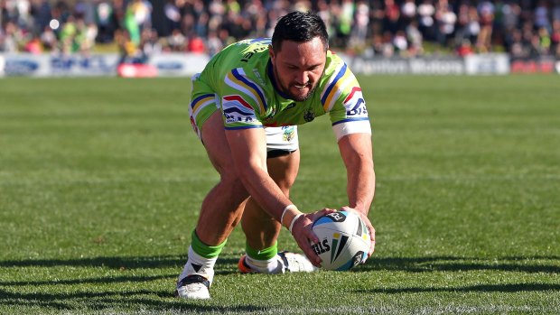 Winger Jordan Rapana scores the Raiders' opening try against Penrith.