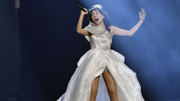 Australia's Dami Im performs the song Sound of Silence in her Steven Khalil gown.