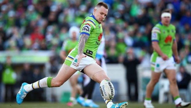 Blake Austin attempts a field goal which led to Jordan Rapana's match-winning try against Newcastle. 