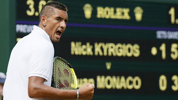 Speaking out: Nick Kyrgios celebrates a shot on his way to beating Juan Monaco of Argentina.