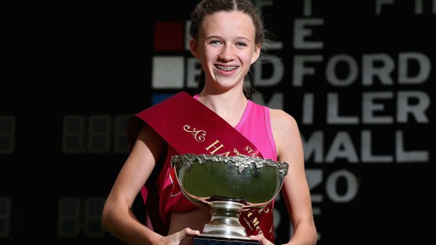 Talia Martin with the Stawell Gift trophy.