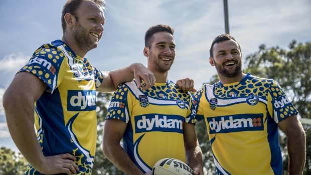 Champion signing: Beau Champion, right, with David Gower and Corey Norman at Eels training on Tuesday.
