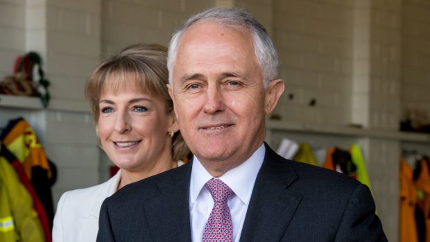 Prime Minister Malcolm Turnbull and Minister for Women and Employment Michaelia Cash at Coldstream CFA on Monday. 
