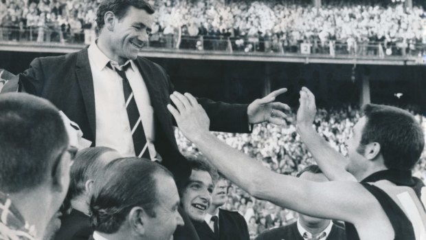 Richmond coach Tom Hafey is chaired around the ground after the 1969 grand final.