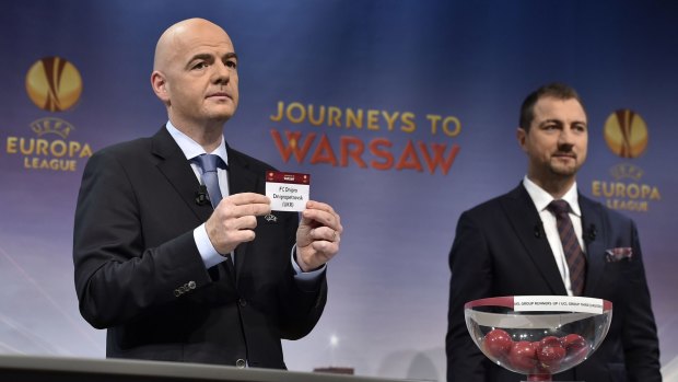 UEFA General Secretary Gianni Infantino (left) and the ambassador for the Europa League final, Jerzy Dudek, at the draw.