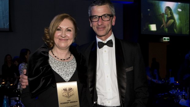 Fairfax Media Journalist Adele Ferguson, pictured with Sydney Morning Herald editor-in-chief Darren Goodsir at the Kennedy Awards in August, has been nominated for a Walkley Award.