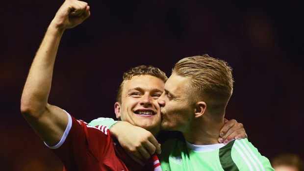 Ben Gibson (left) and Connor Ripley of Middlesbrough celebrate reaching the playoff.