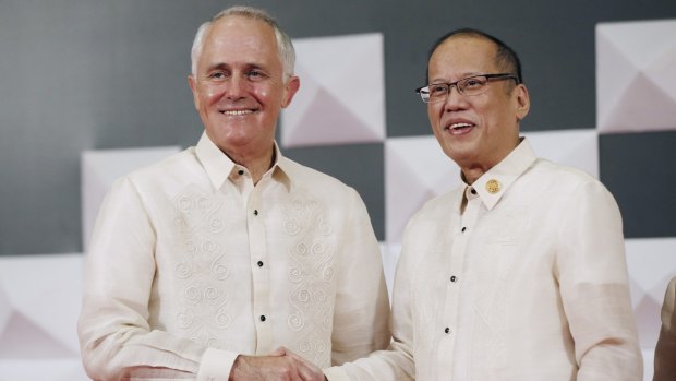 Prime Minister Malcolm Turnbull with  Philippines President Benigno Aquino at the Asia-Pacific Economic Co-operation summit in Manila.