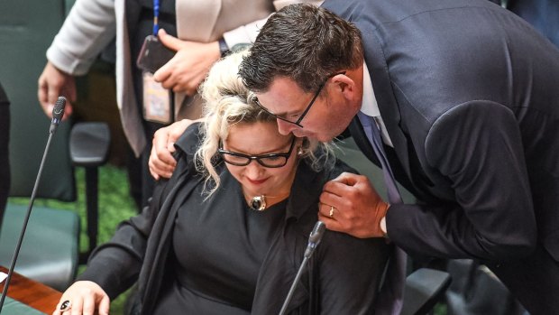 Premier Daniel Andrews congratulates Health Minister Jill Hennessy after the vote.