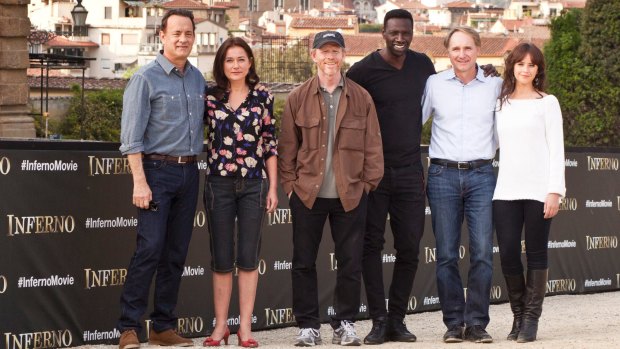 (From left) Tom Hanks, Sidse Babett Knudsen, director  Ron Howard, Omar Sy, author Dan Brown and Felicity Jones in Florence.