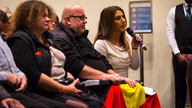 Lydia Thorne from the local Indigenous community at the Darebin public forum to discuss the decision by the council to stop Australia Day celebrations.