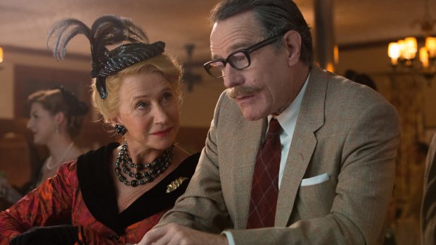 Hedda Hopper (Helen Mirren) and Dalton Trumbo (Bryan Cranston) in a scene from TRUMBO directed by Jay Roach, in cinemas February 18, 2016. An Entertainment One Films release. For more information contact Claire Fromm: cfromm@entonegroup.com. Hedda Hopper (Helen Mirren) and Dalton Trumbo (Bryan Cranston) in the film TRUMBO.