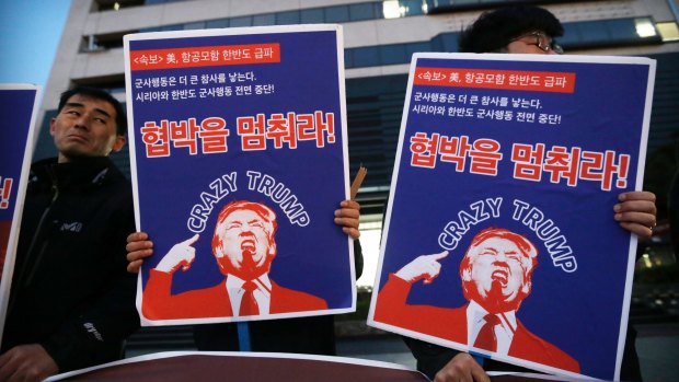 South Korean protesters denounce US policy against North Korea, at a rally near the US Embassy in Seoul.