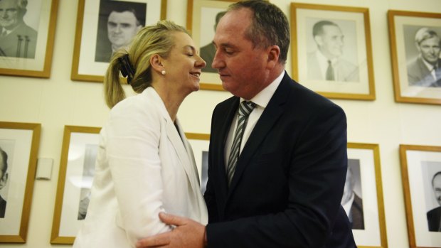 Deputy PM Barnaby Joyce congratulates the new deputy National Party leader Bridget McKenzie.