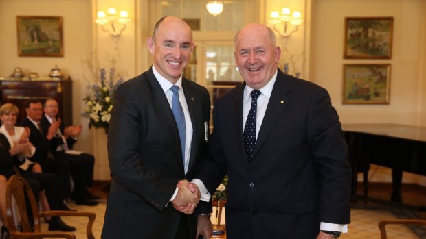 Busy man ... Stuart Robert is sworn in as Minister for Human Services and Minister for Veterans' Affairs by Governor-General Sir Peter Cosgrove in September.