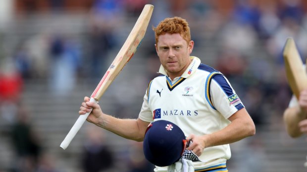 In form: Yorkshire's Jonny Bairstow celebrates his 100 against Worcestershire last week.