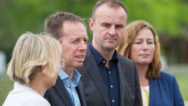 The Greens' Caroline Le Couteur and Shane Rattenbury, with ACT Chief Minister Andrew Barr and deputy Yvette Berry announcing the parliamentary deal at the Lyneham wetlands on Sunday.