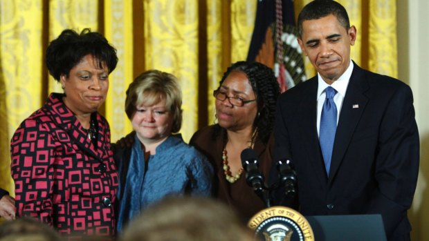 President Barack Obama with the families of Matthew Shepard and James Byrd jnr, during a reception commemorating the enactment of the Hate Crimes Prevention Act in 2009.