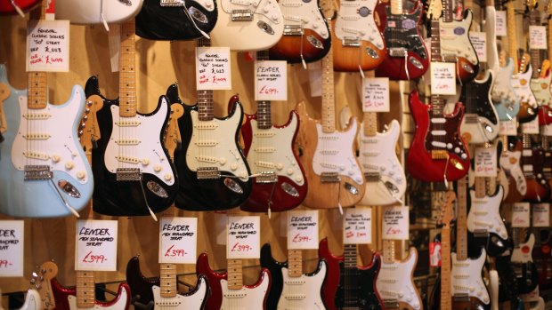 Guitars in a shop on Denmark Street.
