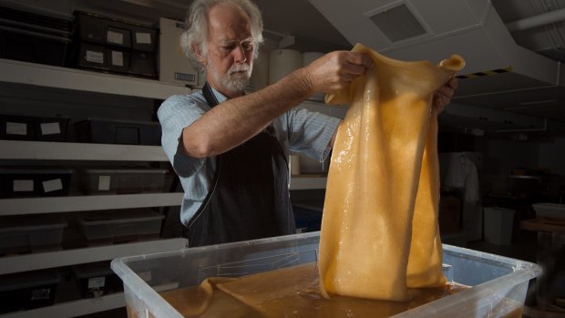 Dr Peter Musk, a scientist catalyst at The Edge Southbank, with some of the vegan leather being produced from kombucha. 