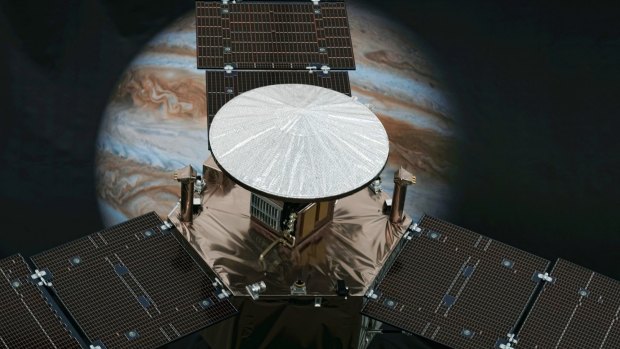 A model of NASA's solar-powered Juno spacecraft is displayed at the Jet Propulsion Laboratory in Pasadena, California.