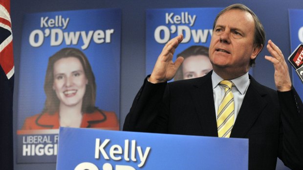 Former treasurer Peter Costello helps Kelly O'Dwyer launch her campaign to win the seat of Higgins in 2010.