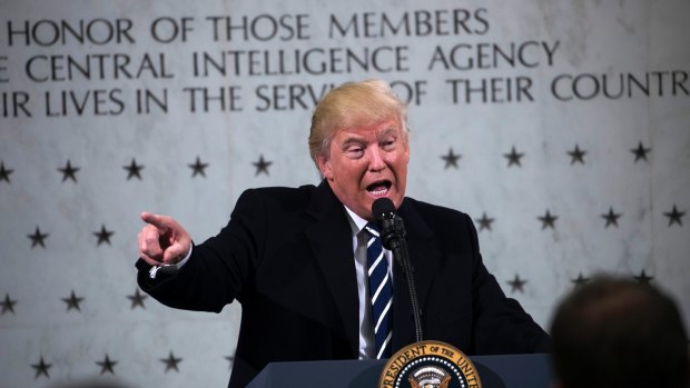'I love you ... There's no one I respect more': Donald Trump speaks during a visit to the CIA's headquarters in Langley, Virginia, in January.