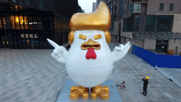 The giant rooster sculpture resembling US President-elect Donald Trump to celebrate the upcoming Chinese Year of the Rooster in Taiyuan, China.